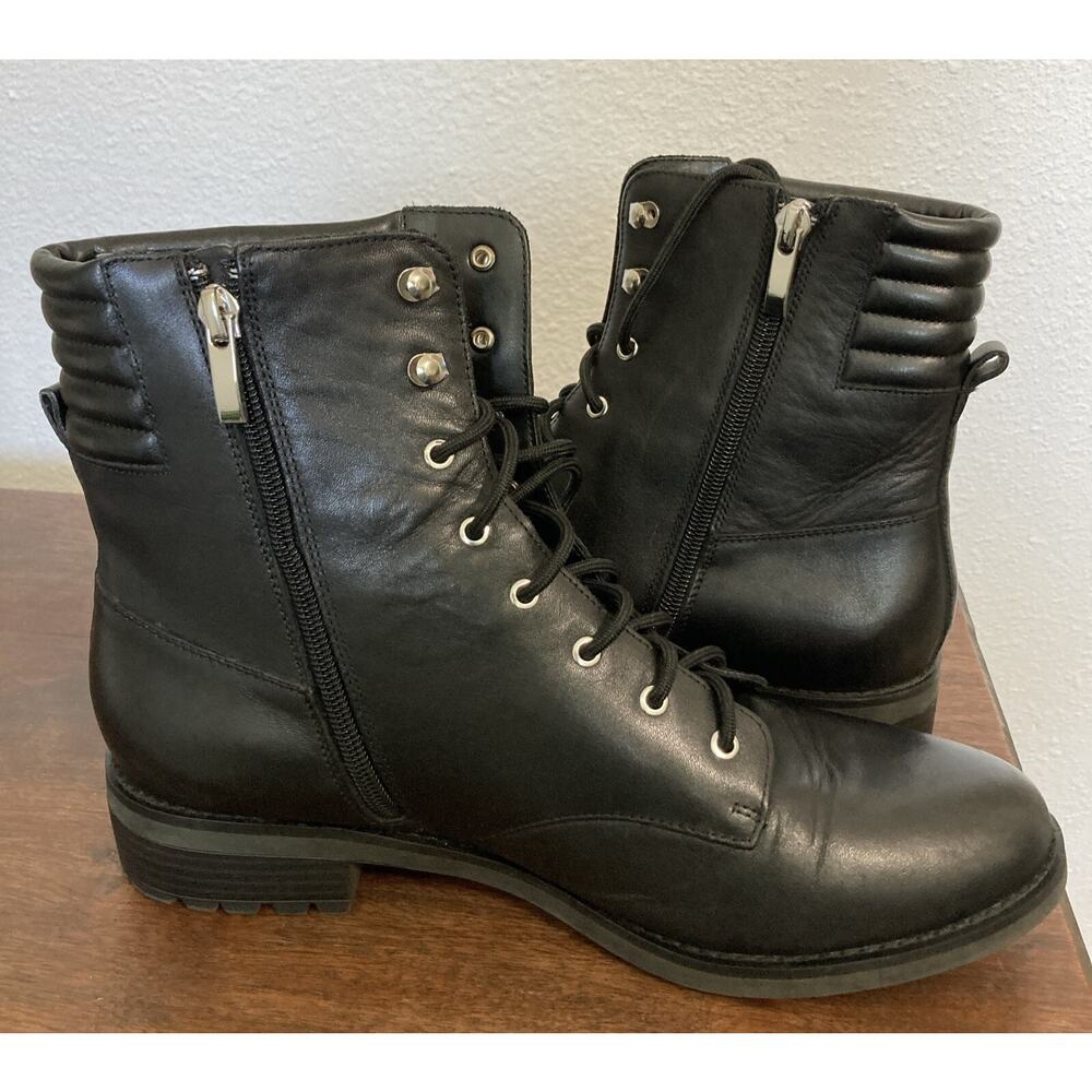 Saks Fifth Avenue Jira Black Combat Boots Leather Lace Up Side Zipper Size 10